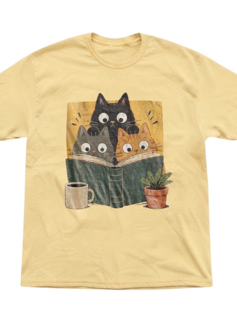 Cute Cats Reading Book Graphic Yellow Gildan T-Shirt Cotton Tee